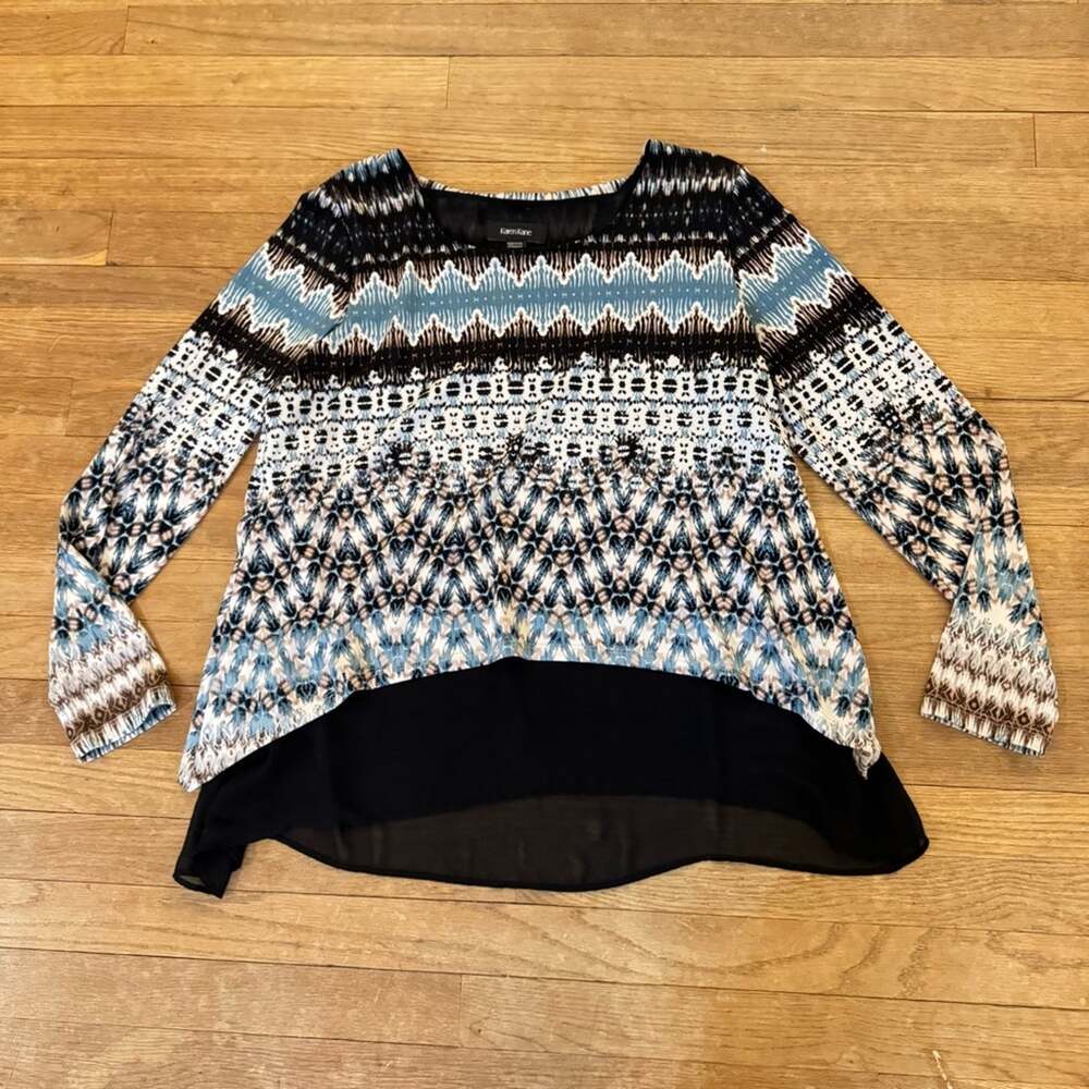 Karen Kane blue brown slip on long sleeve dressy blouse size large L
b35